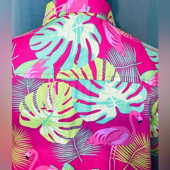 Massive Flamingo Hawaiian Shirt Size Small Pink Green Bright Button Up - Picture 4 of 13
